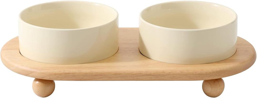 Ceramic Elevated Cat Food and Water Bowl, Kitty Bowl, Raised Cat Feeder with Stand (5.1 in, 2 x Beige)