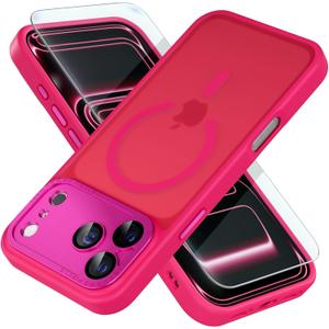 Misea Magnetic for iPhone 17 Pro Case Compatible with MagSafe [Military Grade Drop Protection] Full Camera Lens Protector Translucent Matte Phone Case for Women Girls 6.3 inch, Hot Pink