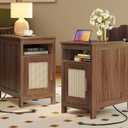Huuger Narrow Night Stand Set of 2, End Table with Charging Station, USB-C Port, Rattan Side Table with Cabinet and Open Shelf, Synthetic Rattan, for Small Spaces, Bedroom, Walnut