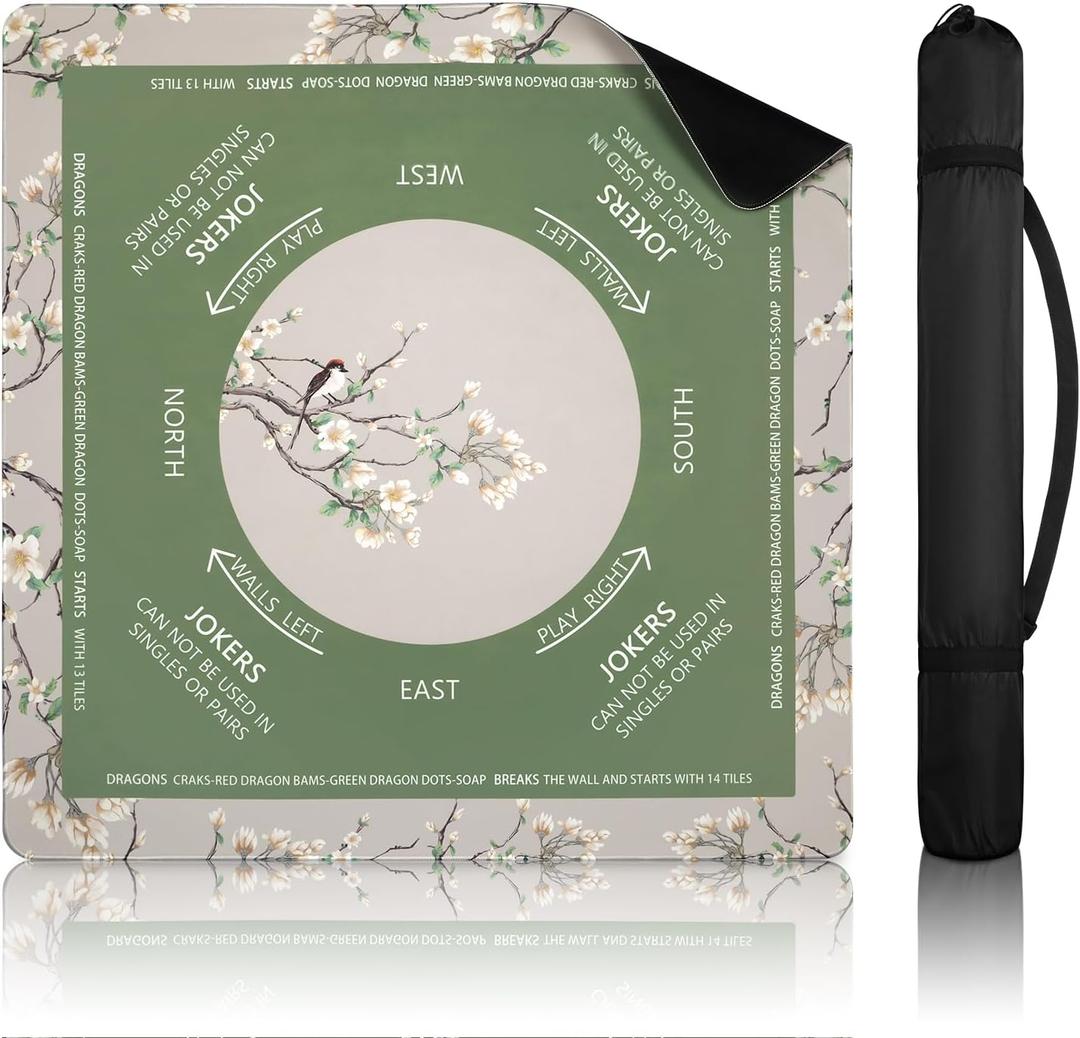 Mahjong Mat for Table with Rules, Noise-Reducing 32.6"x32.6" Mahjong Table Cover, Non-Slip Table Cloth for American Mahjong, Poker, Card, Board & Tile Game, Easy Storage with Travel Bag (Green)