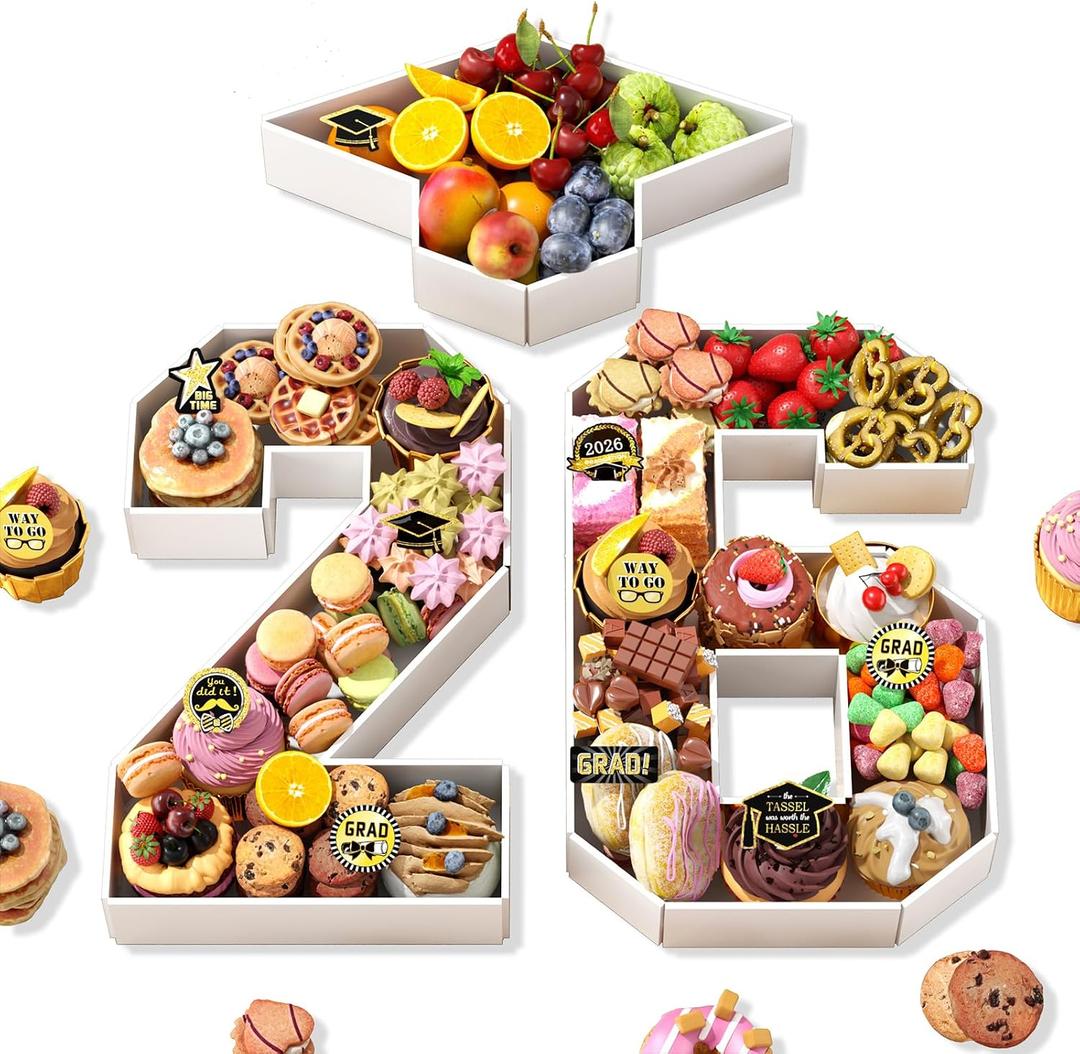 26 Charcuterie Numbers Fillable, 13.78'' White Number 26 Cardboard Tray for Charcuterie with Graduation Cap for Chocolate Cookies Flowers Cupcakes, Class of 2026 Graduation Decor