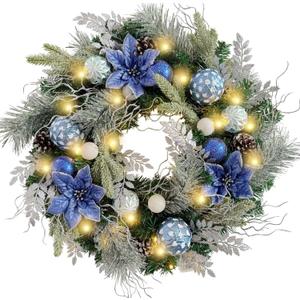 WANNA-CUL Pre-Lit 24 Inch Christmas Wreath for Front Door Silver Blue Lighted Christmas Door Wreath Decoration with Ball Ornaments, Poinsettia Flowers,Pine Cones, Battery Operated 30 LED Lights (01-sliver Blue)