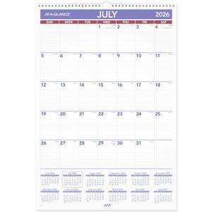 AT-A-GLANCE Wall Calendar 2026-2027 Planner, Academic 12-Month July-June, Monthly, 15-1/2" x 22-3/4", Ruled Daily Blocks (AY328), 15.5"W x 22-3/4"H