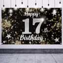 Happy 17th Birthday Decorations,17th Black & Silver Dream Star Large Birthday Banner Backdrop Sign - Cheers to Seventeen Years Old Bday Party Decoration.