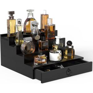 Cologne Organizer for Men, 4 Tier Black Wood Perfume Organizer with Felt Lining Drawer and Hidden Compartment, Perfume Display Holder, A Gift for Men (Black)