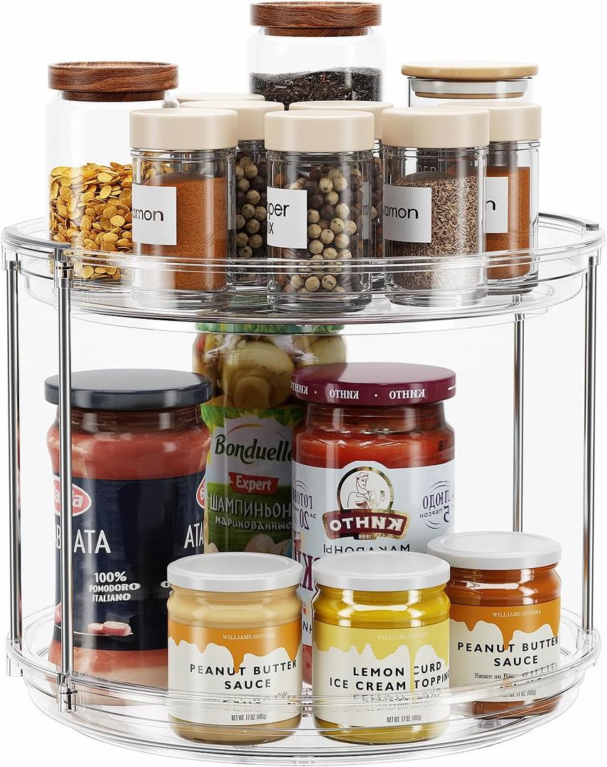 LAMU 2 Tier Lazy Susan Turntable Organizer 9.25'' Rotating Spice Rack Organization for Cabinet, Kitchen, Pantry, Countertop, Bathroom, Vanity, Medicine Cabinet Organizer, Clear