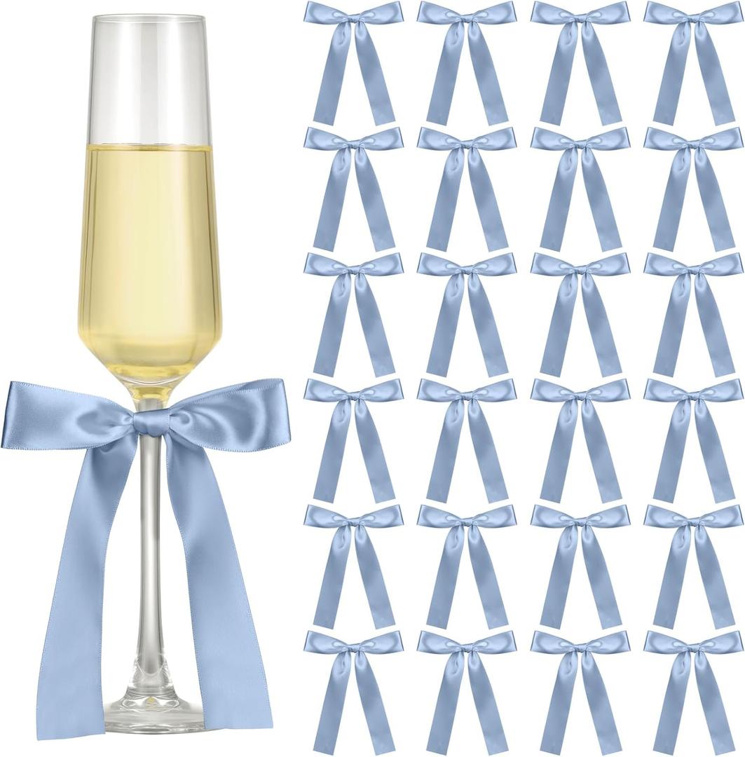 24 Pack Bows for Wine Glass Candle Holder 6.7 x 4 Inch Bow Candlestick Champagne Glass Ribbon Self Adhesive Tag Name Marker for Wedding Anniversary Party Gift Decor(Blue)