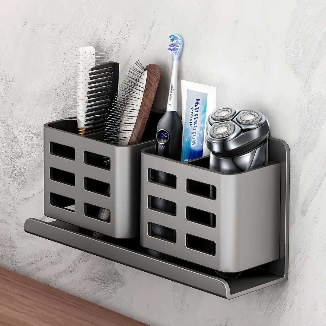 Tooth Brush Holder for Bathroom, Toothbrush Holder with Self-Adhesive, No-Drill Aluminum Hanging Bathroom Organizer Holds Toothbrush, Razor, Comb & Toothpaste Etc (Grey)