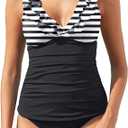 Womens Two Piece Swimsuits - Ruffle Flounce Tankini Tummy Control Bathing Suits V Neck Swimwear Black and White Color Block, M