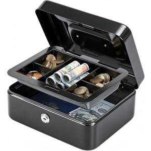 KYODOLED Medium Cash Box with Removable Money Tray, Key Lock Metal Storage Box with 2 Keys & Portable Handle, Safe Cash Drawer, 7.87"x 6.30"x 3.54", Black