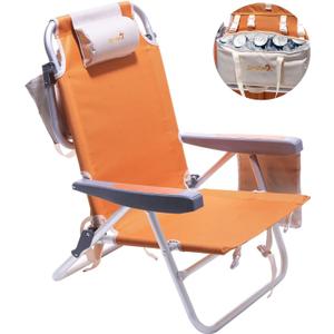 SUNNYFEEL Low Beach Chair, 5-Position Lay Flat Reclining, Backpack Portable Folding Chair with Cooler Bag & Cup Holder, Heavy Duty 350 LBS, Compact for Beach, Camping, Travel