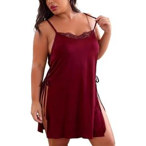 DITSONEO Plus Size Lace Babydoll Lingerie for Women Sexy Sheer Nightgown with Side Slit Adjustable Straps Soft Mesh Nightwear (3X-Large, Wine Red)