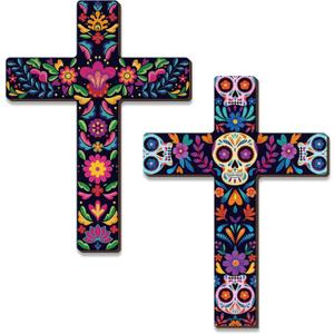 Pinkunn 2 Pcs Mexican Cross Wall Decor Floral Day of The Dead Decoration Hand Painted Wood Wall Art Da De Los Muertos Altar Decorations Spanish Cross Decor for Home(Sugar Skeleton)