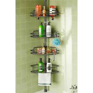 HAMITOR Corner Shower Caddy Tension Pole: 4-Tier Rust-Resistant Adjustable Bathroom Organizer Shelves - 47-121 Inch No-Drill Quick Installation - Space-Saving Storage for Renters Families - Black