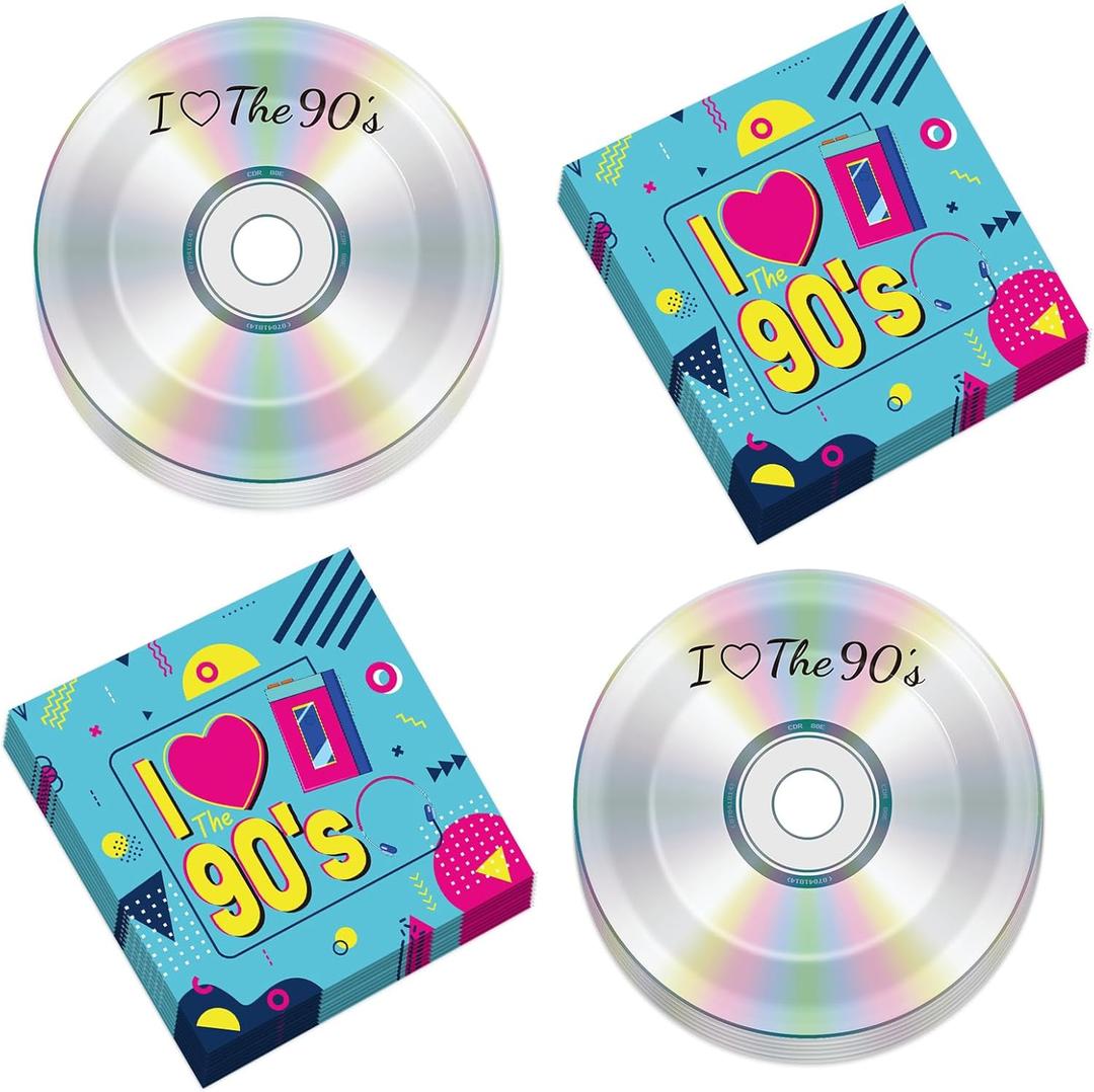 50Pcs 90's Party Paper Plates and Napkins 90's Mix CD Dessert Plates Retro 90s Theme Party Decorations I Love the 90s Tableware Set Serves 25 Guest 1990's Back to the 90's Birthday Party Supplies
