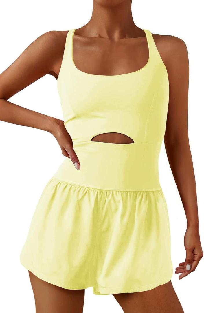 ReachMe Womens Running Onesie Workout Rompers Athletic Romper One Piece Outfits Exercise Jumpsuits Gym Yoga Clothes (Small, 0 Lemon Yellow)