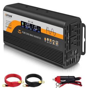 1000W Pure Sine Wave Inverter, 12V/24V Auto-Detect, 50Hz/60Hz Switchable, LCD Display, Type-C Fast Charging, Silent Design, Overload & Overheat Protection for RV, Home