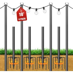 String Light Poles for Outside, 10ft Adjustable Metal Poles for Outdoor String Lights Hanging Light, Outdoor Light Poles with Fork, for Patio, Deck, Backyard, Garden (4 Pack)