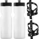 Bike Water Bottle Holder & Bottle Combo – 2-Pack 22 oz Sports Squeeze Bottles with Pull Top Cap & Easy-Install Bike Cage – Made in USA – 50 Strong Brand