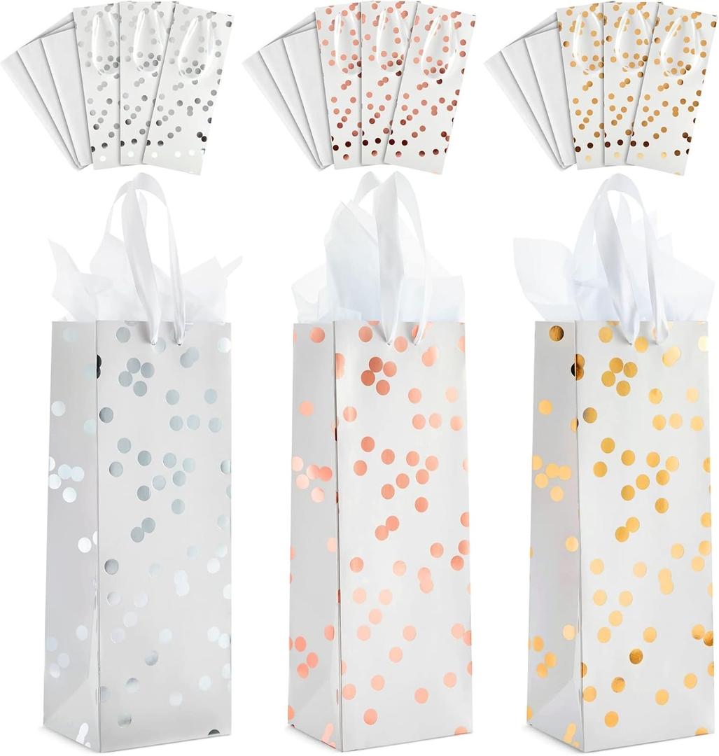 Sparkle and Bash Gift Bags - Polka Dot Foil Style & Assorted Bags for Gifts - Complete Wrapping Set with Tissue Paper & Ribbon Handles - Pack of 12-13.8x5x4 in - 3 Designs (Rose Gold, Silver)