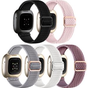 Adorve Compatible with Fitbit Versa 3/Fitbit Versa 4 /Fitbit Sense/Sense 2 Bands for Women Men, Adjustable Stretchy Solo Loop Elastic Nylon Sport Strap for SmartWatch Replacement (Black/White/Rose Pink/Gray/Smokey Mauve)