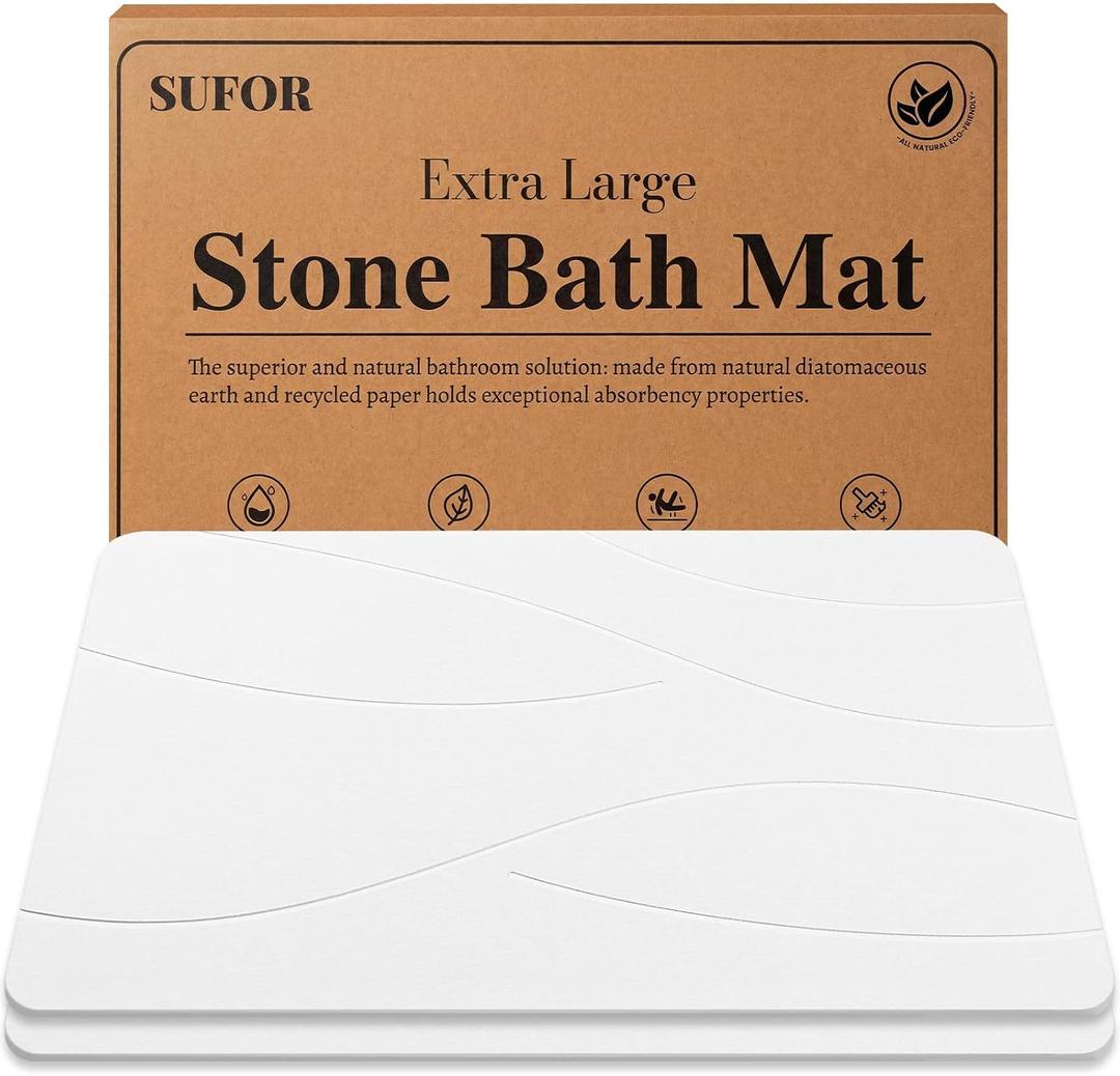 32"x20" Stone Bath Mat 2Pack, Diatomaceous Earth Shower Mat, Non-Slip Super Absorbent Quick Drying Bathroom Floor Mat, Natural, Easy to Clean (Milky White)