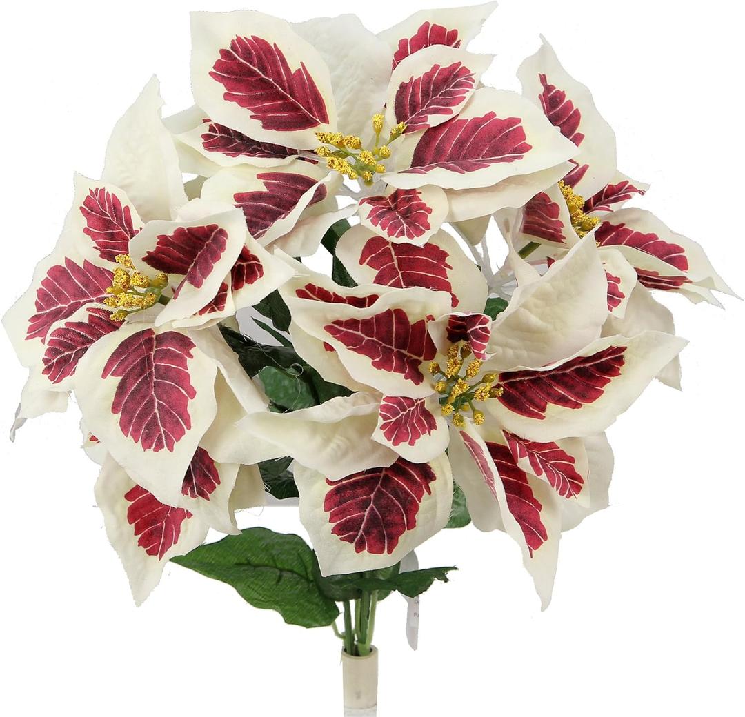 Admired By Nature 5 Stems Artificial Poinsettia Bouquet Fake Christmas Flower, Faux Velvet Poinsettia Christmas Bush for Home Decor, Holiday Bush, Indoor Floral, Christmas Cemetery Flowers, White/Red (Peppermint Crme)