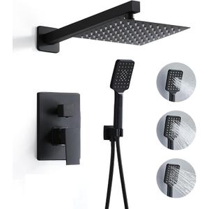 8 Inch Shower Faucet Set, Rainfall Shower System with High Pressure Handheld Shower Head, Bathroom Mixer Shower Set Wall Mounted Rough-in Valve and Trim Kit, Matte Black, with 3-Setting
