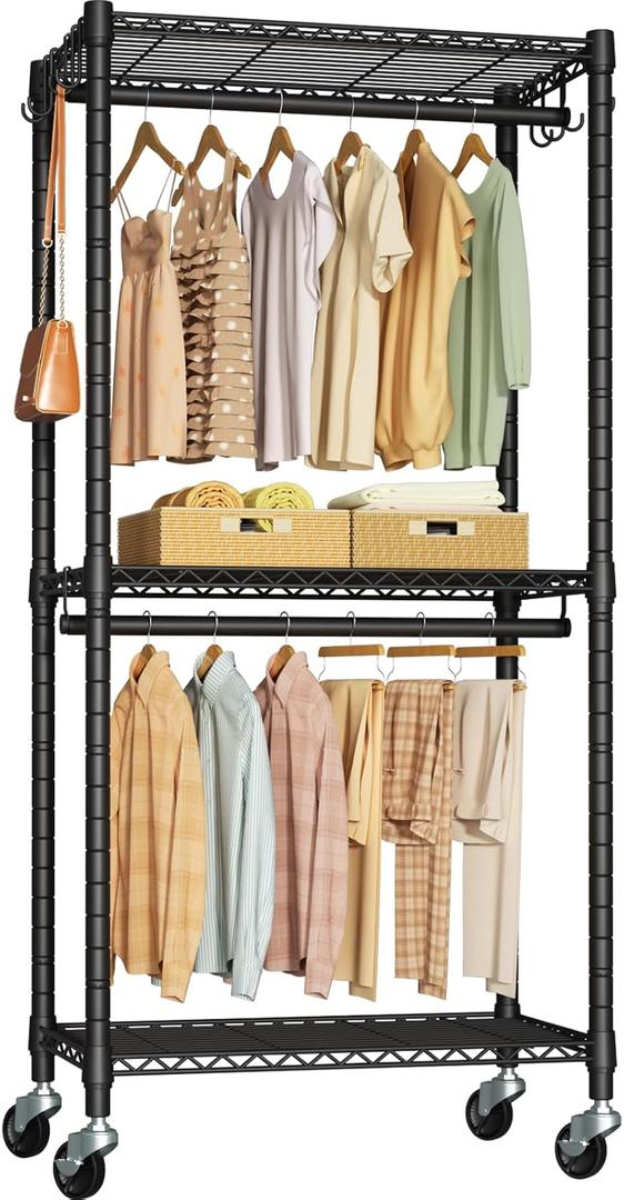 FUTASSI P3 Mini Rolling Clothes Rack, Clothing Racks for Hanging Clothes, Heavy Duty Garment Rack with Wheels, Freestanding Portable Closet Rack 23.6'' W x 14'' D x 78.5'' H, Max Load 430 Lbs, Black