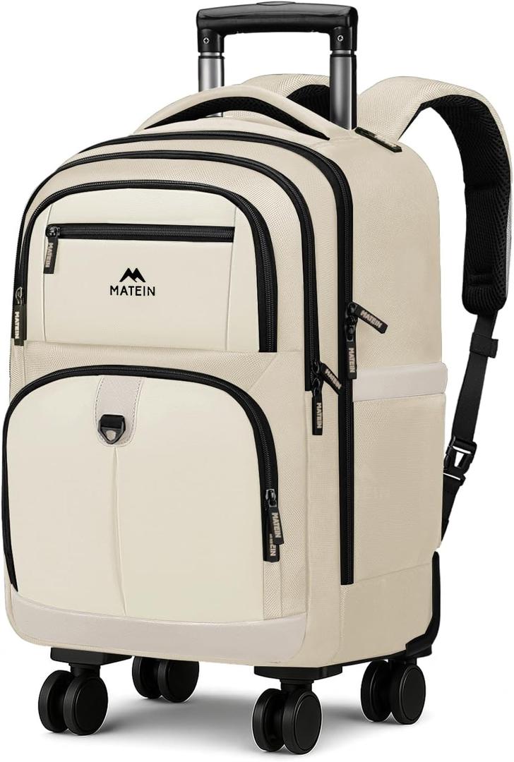 MATEIN Rolling Backpack for Women, Large Roller Backpack with 4 Spinner Wheels, 17 Inch Rolling Computer Bag Travel Carry On with Padded Shoulder Straps, Water Resistant Business Wheeled Bag