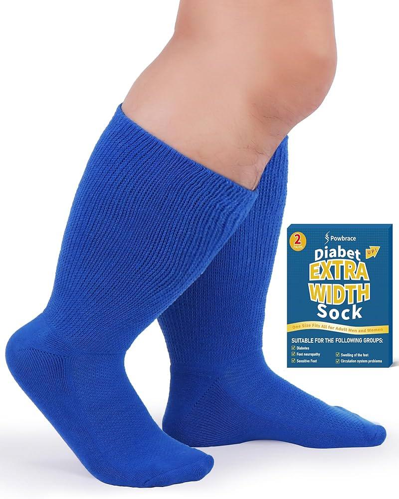 2 Pairs Wide Diabetic sock for Swollen Feet, Lymphedema, Wide Calf, Loose Fit, Non-Binding, Diabetic for Men Women-Blue