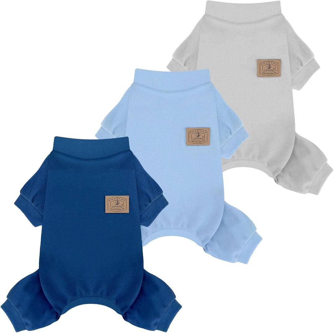 XPUDAC 3 Pack Fleece Dog Pajamas Winter Dog Clothes for Small Medium Dogs Boy Girl Warm Soft Puppy Outfit Pet Costume, Light Sky Blue, Navy, Light Gray, S