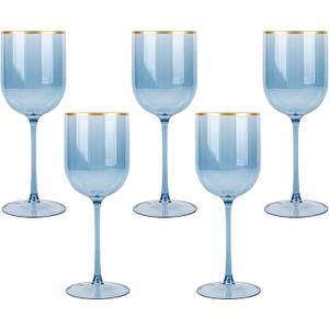 Blue Cup with Gold rim Plastic Glasses Set of 10 Elegant Goblets Hard Plastic Cups on Stem 12 Ounce