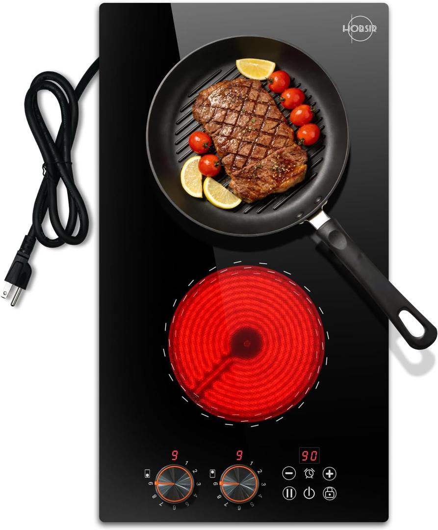 2 Burner Electric Cooktop 110v Hobsir, 2000W Electric Stove Top Burner 12 Inch, 9 Power Levels, Knob & Touch Control, Plug in Cooktop 120v, 99 Mins Timer, Safety Lock, Automatic shutdown