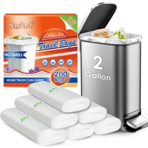200 Counts 2 Gallon (1.8-2 Gal) Small Trash Bags Garbage Bags by RayPard, fit 1.6,1.8,2,2.2 Gal Waste Basket, 6.5-7 Liter Strong Trash Can Liners for Home Office Kitchen Bathroom Bedroom, Clear