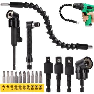 17Pcs Flexible Drill Bit Extension, with 3pcs Rotatable Socket Adapter, 2Pcs Hex Shank 105° Right Angle Drill Attachment, 10pcs Short Screwdriver Bit, 90° Angled Bits and Bendable Drill Bit Extension