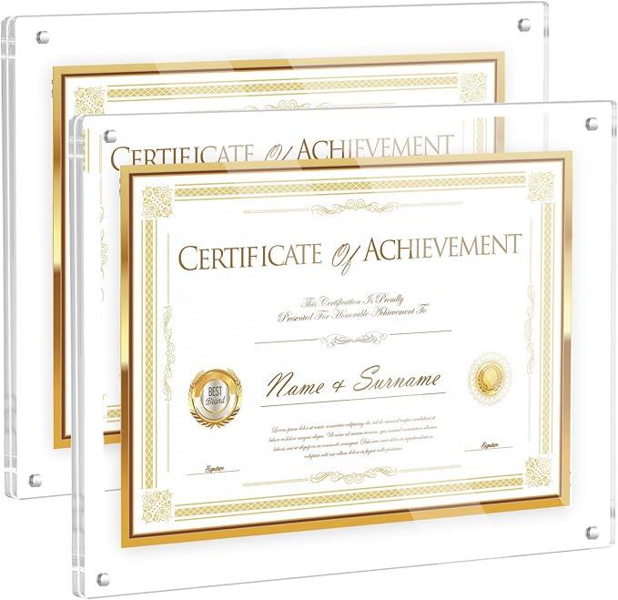2 Pack Clear Acrylic Frame, Fits 8.5x11, 11x14 and a4 Size Picture or Certificate, No Drill Wall Mounted Photo Frames, Self Adhesive Diploma Frames with Magnetic, Full Frame-11.6x14.6 Inch