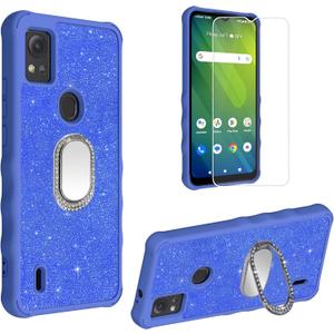 2 x Generic for Cricket Icon 5 Case Compatible with AT&T ATT Motivate 4 Leather Phone Case Cover [with Tempered Glass Screen Protector] [360 Degree rotationRing Support] SF-L, CSK-blue