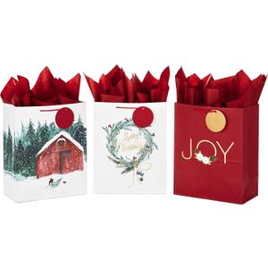Hallmark 13" Large Christmas Gift Bag Assortment with Tissue Paper (3 Bags: "Merry Christmas" Wreath, Gold Joy, Snowy Red Barn) Red, White, Gold Foil