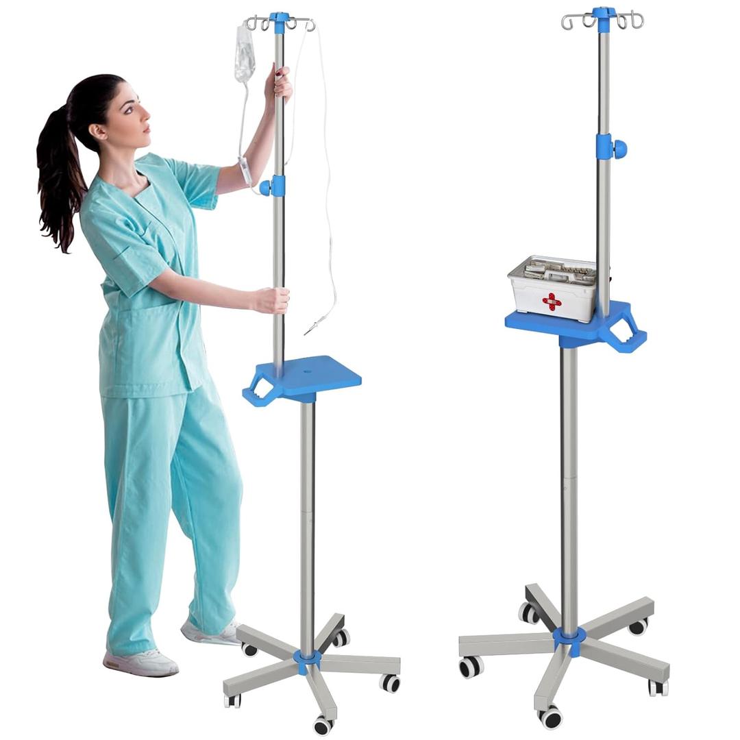 Rolling IV Pole with Tray - Stainless Steel 4 Hooks IV Stand with Wheels Height Adjustable for Clinic Home Care (52 to 71 inches)