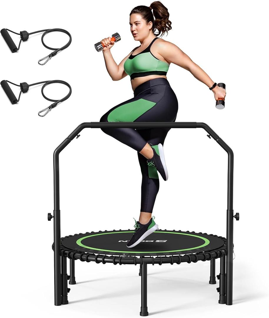 BCAN 40"/48" Foldable Mini Trampoline with Resistance Band, 450 LBS Adult Fitness Trampoline with Bungees, U Shape Adjustable Foam Handle, Stable & Quiet Indoor/Garden