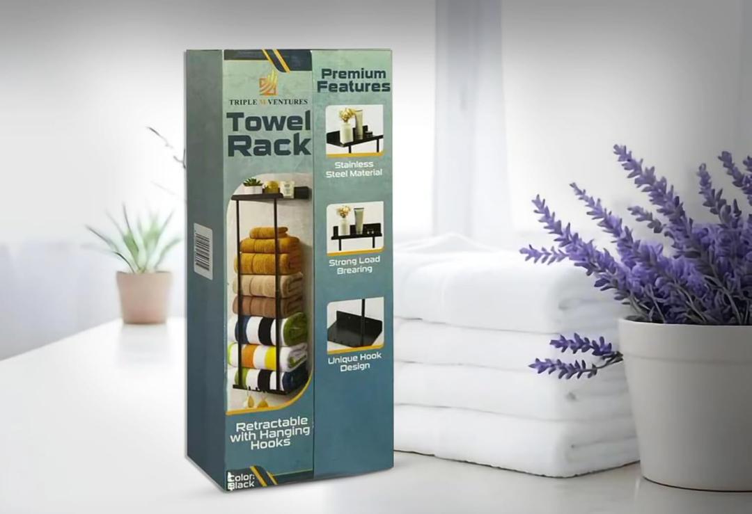 2 x Wall-Mounted Towel Rack  Retractable with Hanging Hooks  Heavy Duty Stainless Steel Organizer for Bathroom, Laundry Room & More (Black)