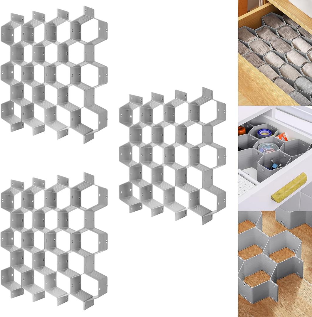 Poeland Drawer Divider Organizer 8pcs DIY Plastic Grid Honeycomb Drawer Divider Grey 24pcs (Gray(3pack))