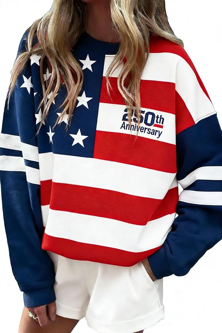 KevaMolly Womens Varsity Striped Oversized Sweatshirt Drop Shoulder Long Sleeve Casual Fashion Pullover Top, L