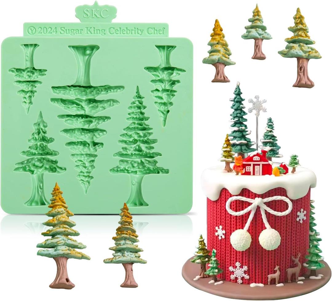 Christmas Silicone Molds,Tree Cake Decorations Mold,Christmas Tree Fondant Molds Sets For Cupcake Topper Decorating Tools Chocolate Candy Gum Paste Polymer Clay Resin-5 Cavity