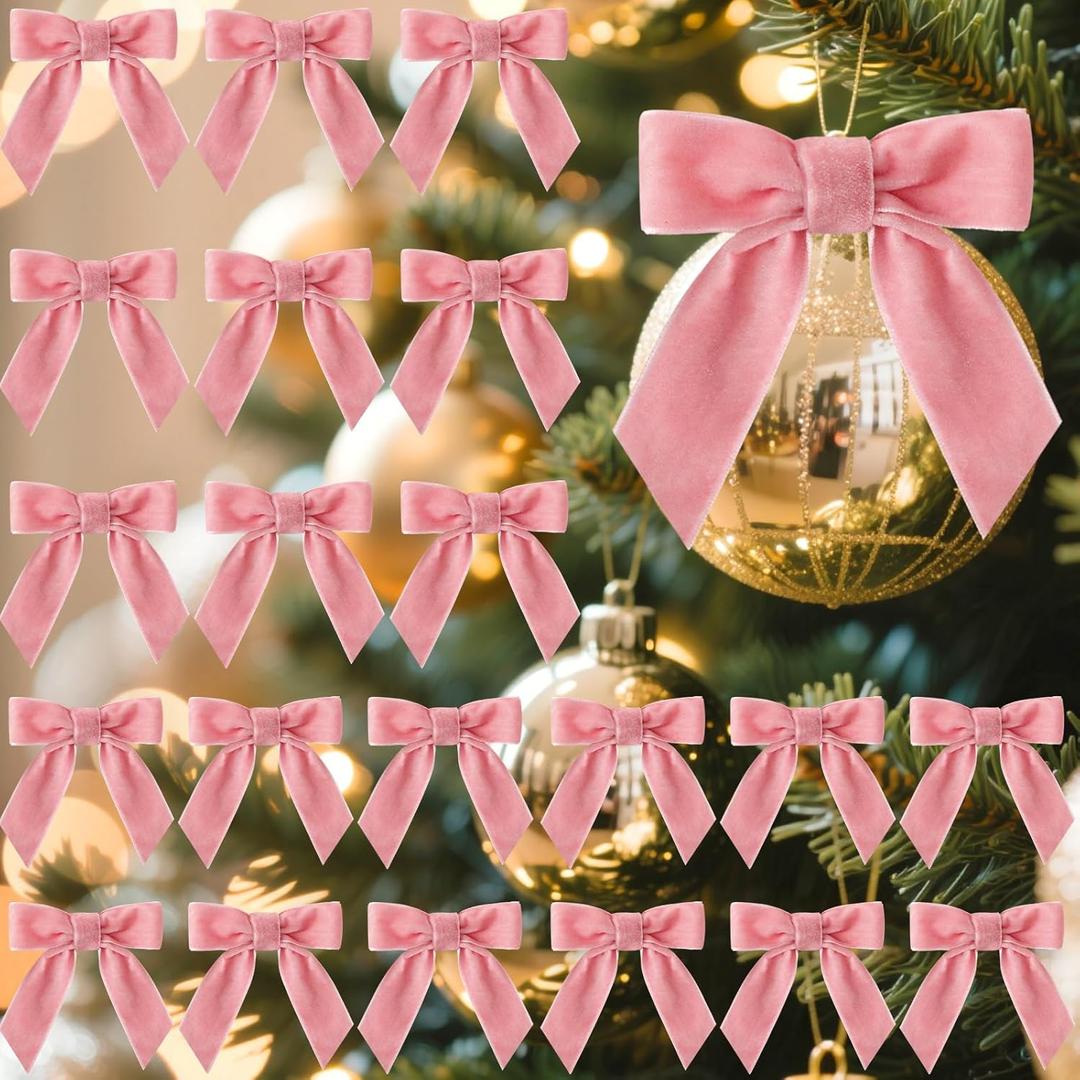 30 Pcs Velvet Ribbon Bows 3.5" x 3.5" Pre Tied Christmas Velvet Bows with Twist Tie for Gift Packaging Christmas Tree Wreaths Door Windows Wedding Party Decoration(Dusty Pink)