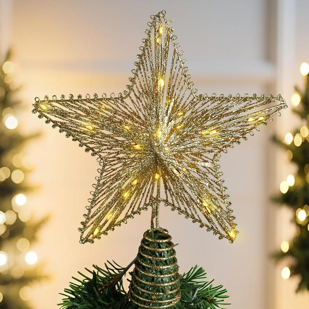 Christmas Tree Topper Star 12 Inch Gold Glitter Hollow Star Tree Topper Metal with Warm White 30 LED Lights for Xmas Decorations Ornaments Indoor Decor Holiday Party