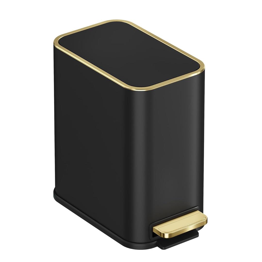 TIPGO Small Bathroom Trash Can with Lid Soft Close, Step Pedal, 5 Liter / 1.3 Gallon Stainless Steel Trash Bin, Slim Garbage Cans for Toilet, Office, Bedroom (Black)