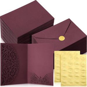 PerKoop 100 Set 5 x 7 Laser Cut Wedding Invitation with Envelopes and Wax Seal Stickers Blank Pocket Invitation Cards Kit for Wedding Bridal Shower Engagement Invite(Scarlet) (Burgundy)