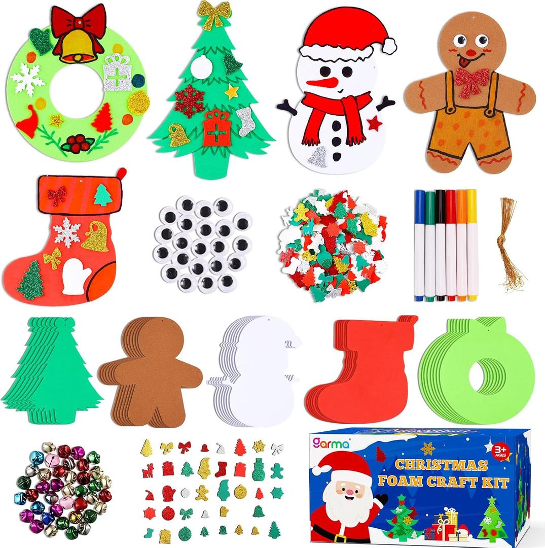 Garma 264pcs Christmas Crafts for Kids - DIY Christmas Tree Ornaments Foam Sticker Kits, Xmas Tree Shapes Snowman Wreath Socks Decorations for Kids Crafts Party Favors Supplies & Classroom Activities